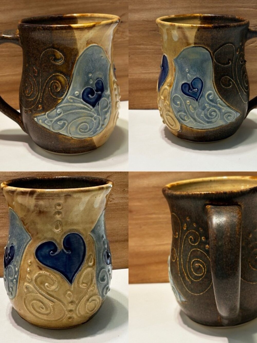 Studio Pottery Love Blue Birds Heart Mug Cup Glaze Handcrafted Signed